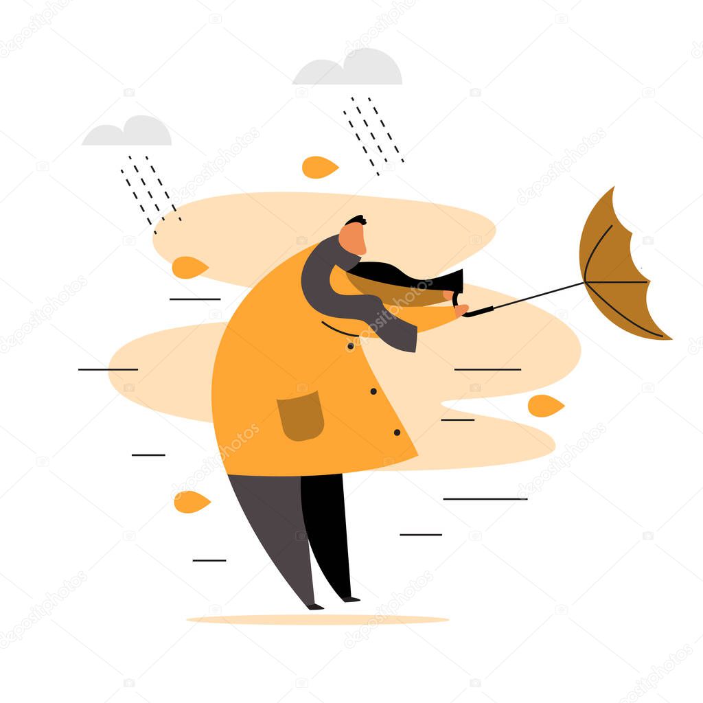 Flat vector illustration of man trying to hold his umbrella