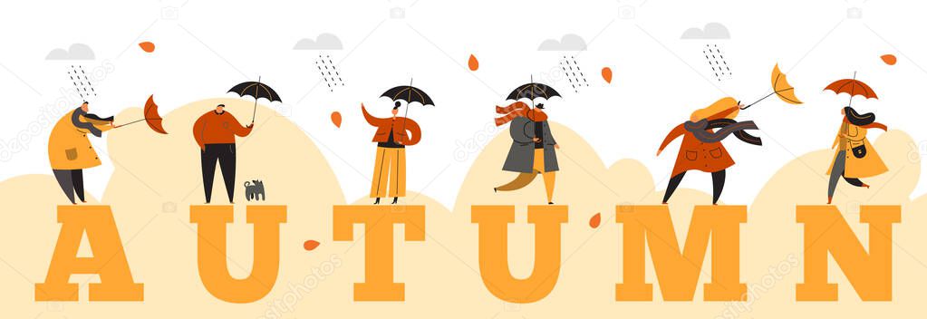 People with umbrellas under the rain. Autumn collection. Flat vector illustration. Horizontal banner.
