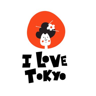 Tokyo 'yu seviyorum. Geyşanın komik vektör çizimi.