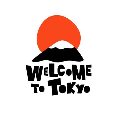 Tokyo 'ya hoş geldiniz. Dağların komik vektör çizimi.