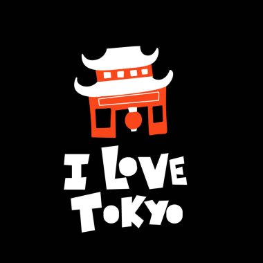 Tokyo 'yu seviyorum. Siyah arka planda Japon shinto tapınağının komik vektör çizimi.