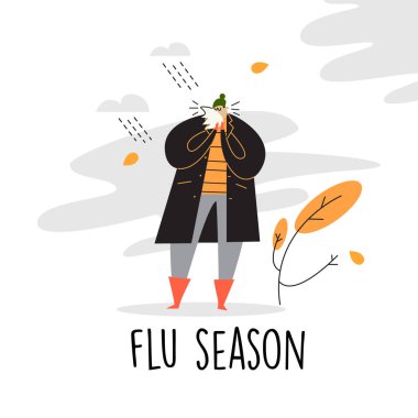 Burnunu silen montlu bir adamın düz bir temsili. Grip mevsimi.