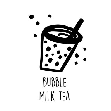 Sütlü çay. Popüler Tayvan içeceğinin el çizimi vektör çizimi.