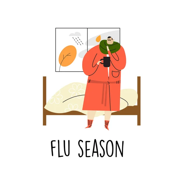 Векторная карикатура на больного человека в халате, стоящего рядом со своим плохим и страдающего от боли в горле. Сезон гриппа . — стоковый вектор