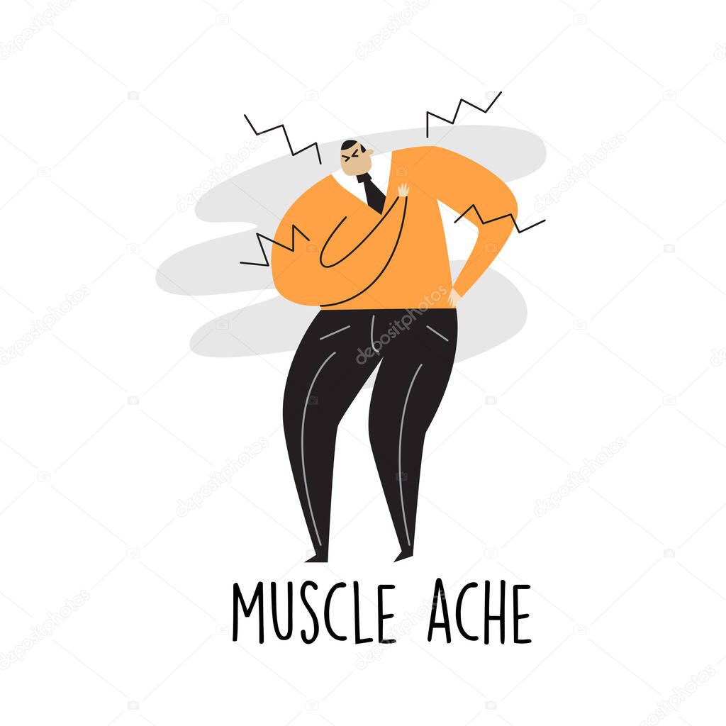 Vector cartoon illustration of a man suffering from muscle ache