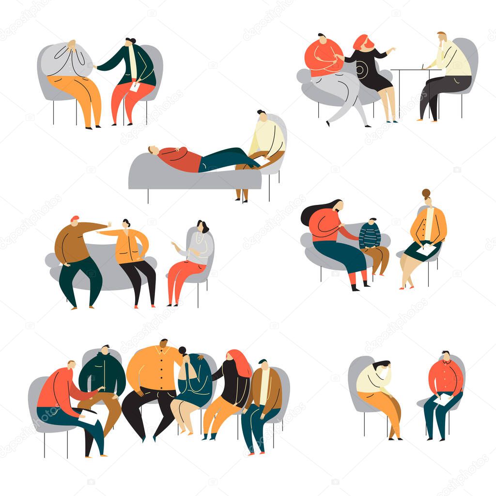 Psychotherapy session concept. Cartoon illustration of family, group, childrens psychotherapy, counseling.