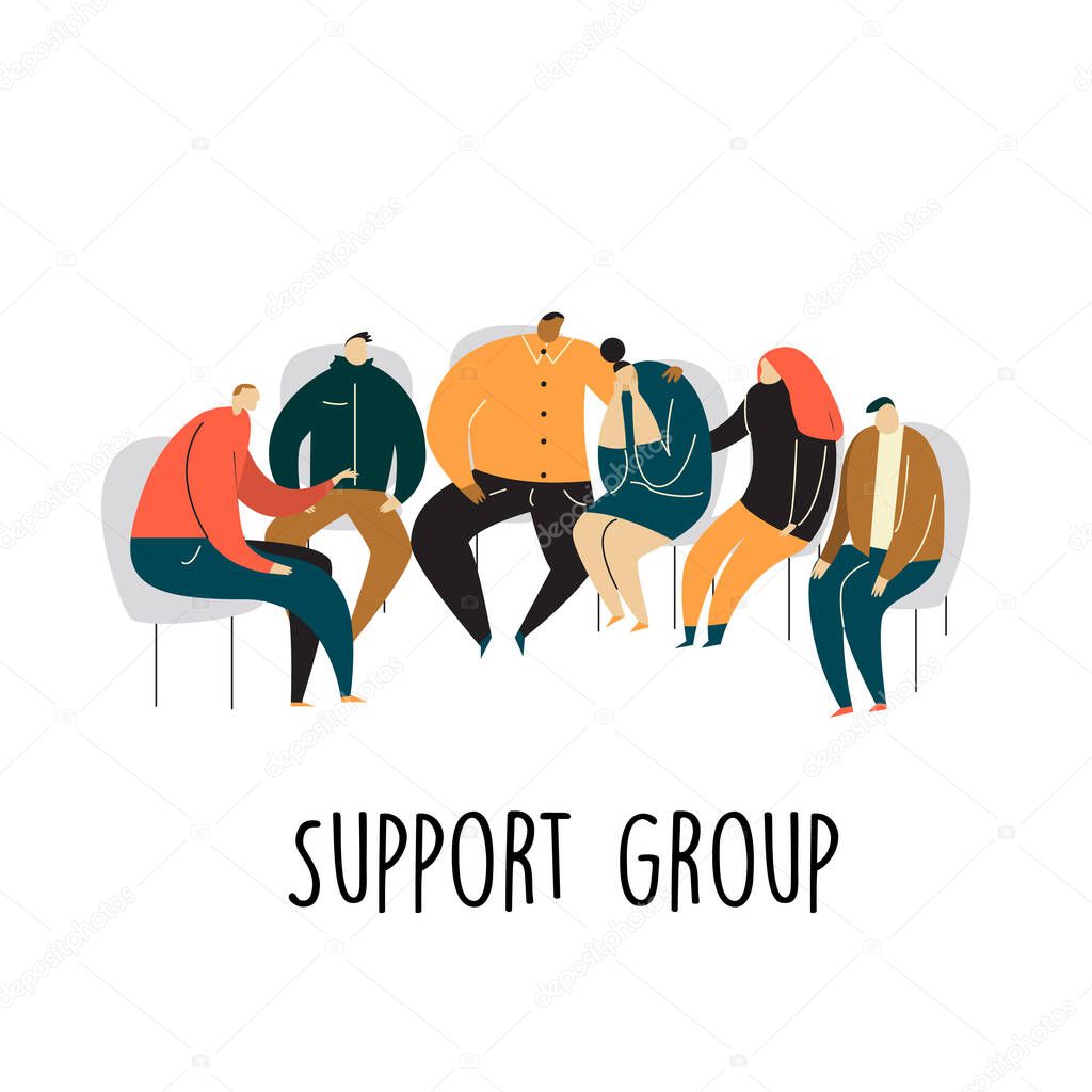 Meeting of support group members. Group of people sitting on chairs and talking. Psychotherapy group concept. Vector cartoon illustration.