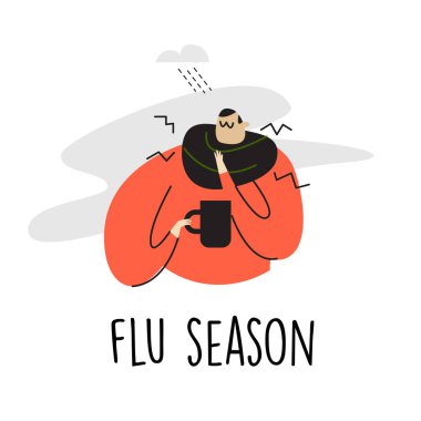 Boğazı ağrıyan hasta bir adamın fincan alışının komik bir temsili. Grip mevsimi