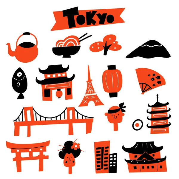 Vektorová ilustrace tokijských symbolů a atrakcí. — Stockový vektor