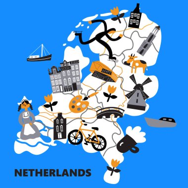 Hollanda 'nın farklı Hollanda sembollerine sahip stilize haritası.