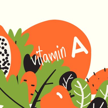 A vitamini. A vitamini. A vitamini dolu meyve ve sebzeli illüstrasyon..