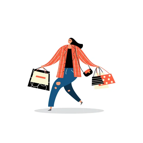 Ilustração vetorial de mulher com sacos de compras . — Vetor de Stock