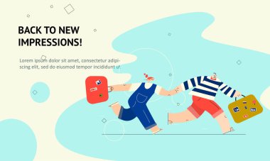 Erkekler ve kadınlar bu bavulları birlikte taşıyorlar. Hurting çifti. Yeni izlenimlere dönelim. Web pankartı