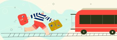 Valizlerle trenin peşinden koşan adamlar. Beyaz arkaplanda izole edilmiş vektör çizimi. Yatay Pankart.