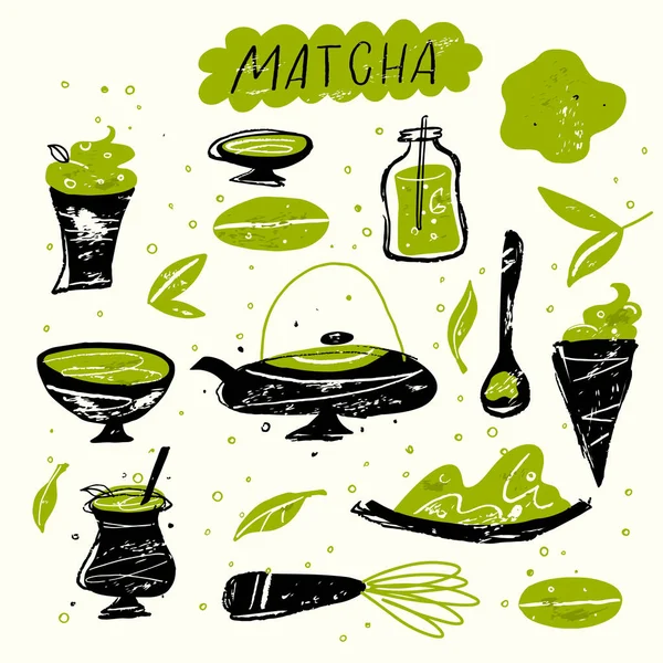 Matcha. Illustration vectorielle de doodle de produits de thé matcha. Cérémonie japonaise du thé . — Image vectorielle