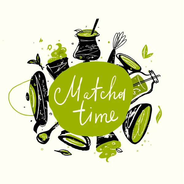 Hora de la matcha. Vector doodle ilustración de productos de té matcha. Ceremonia del té japonés . — Vector de stock