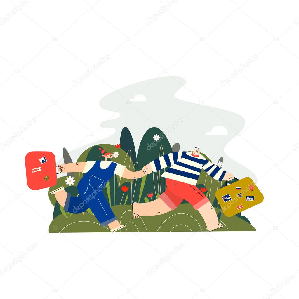 A couple running to travel with their suitcases. Vector flat illustration