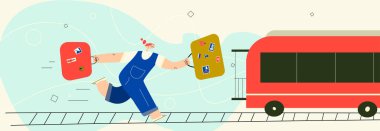 Trenin peşinden koşan bavullu bir kadın. Beyaz arkaplanda izole edilmiş vektör çizimi. Yatay Pankart.