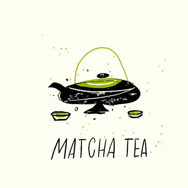 Thé Matcha. Illustration vectorielle de doodle de théière et cuos. Cérémonie japonaise du thé Illustration De Stock