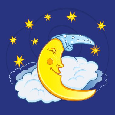 Ay gece gökyüzünde yıldızlar bir bulutun üzerinde yatıyor. Sevimli çizgi ay
