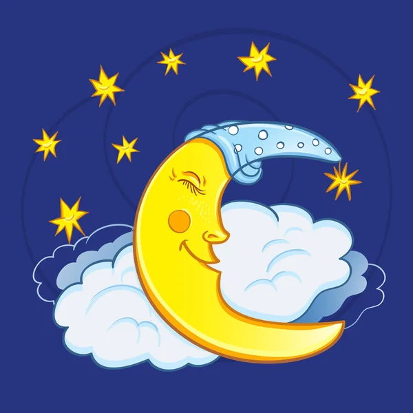 月亮睡在云朵上 夜空中的星星 可爱的卡通月亮 — 图库矢量图片