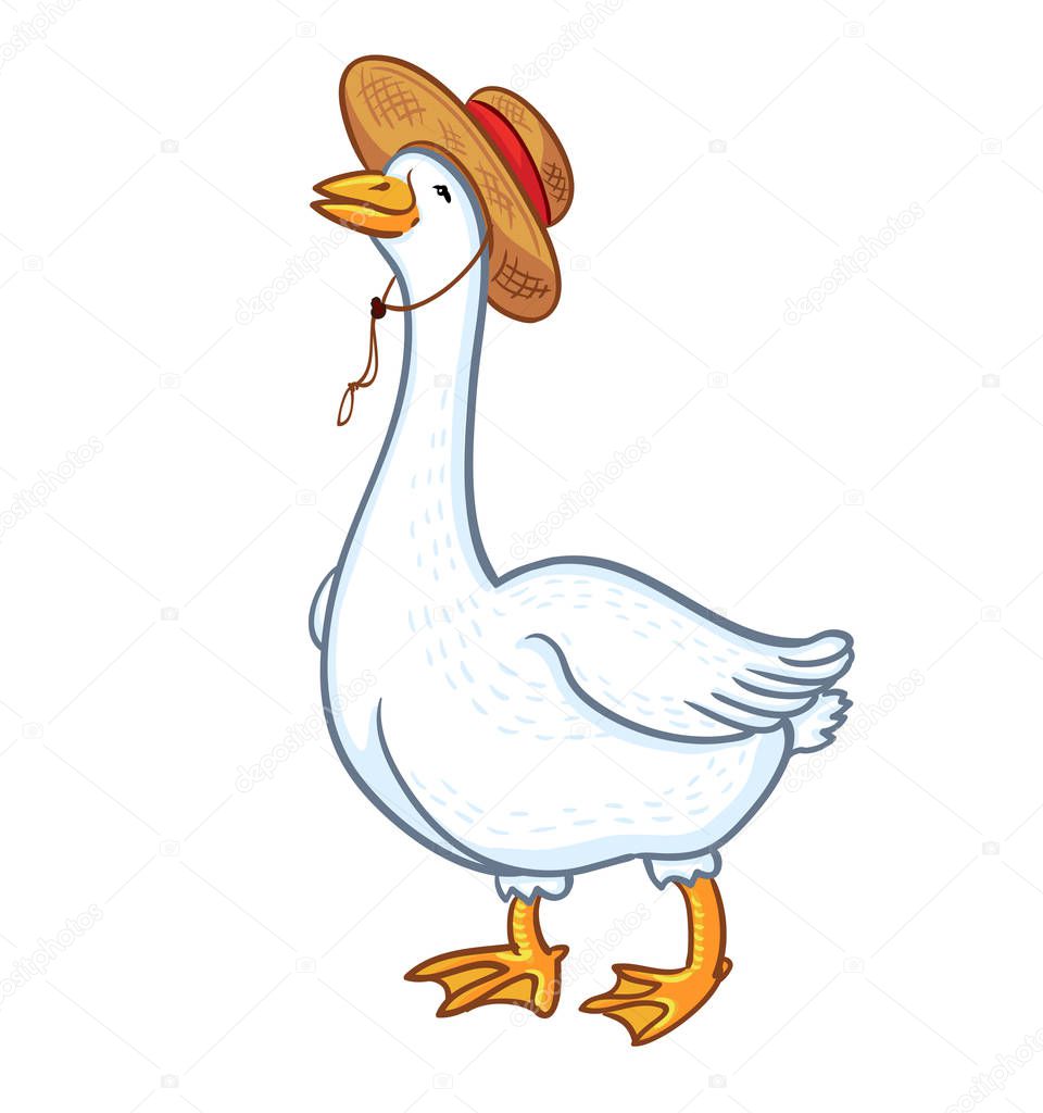 White goose with a hat isolated on white background, male goose. Cartoon funny goose, poultry, farm animal