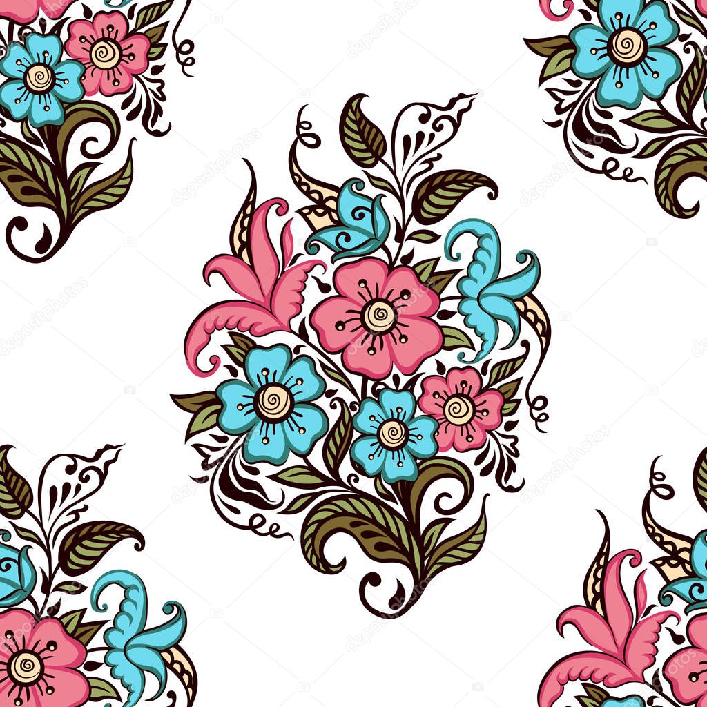 Bouquet of flowers. Seamless pattern of bouquet of decorative flowers on a white background