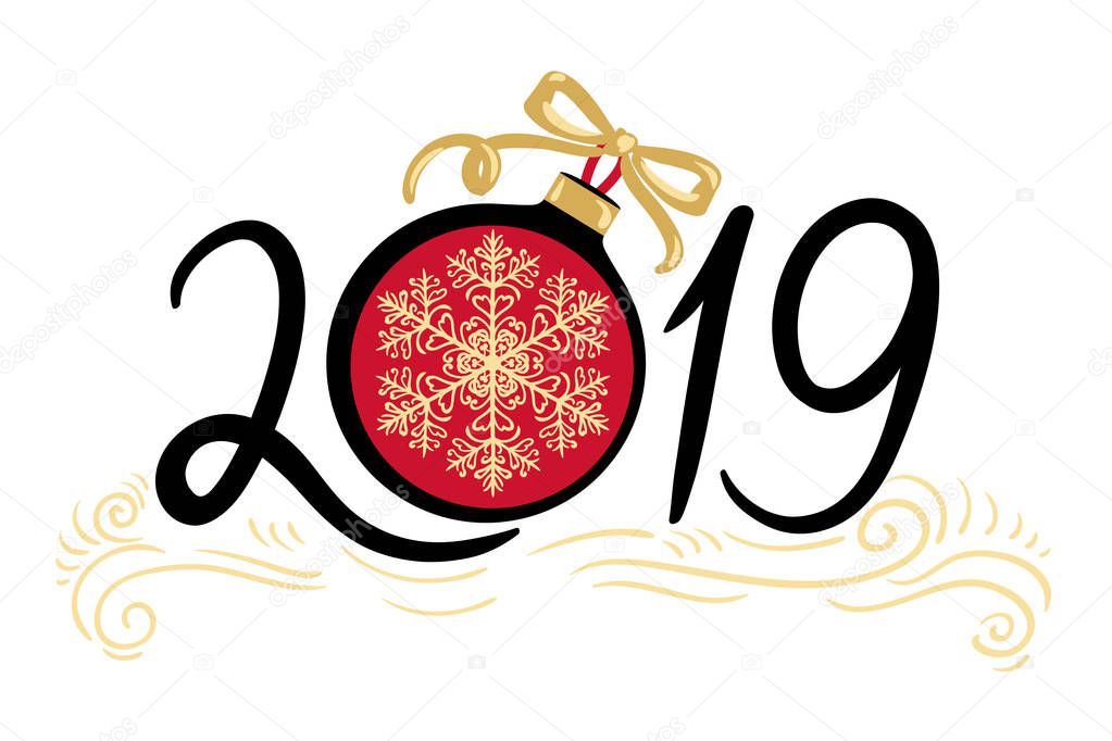 Happy New Year and Merry Christmas 2019. Decorative element golden snowflake on the Christmas ball