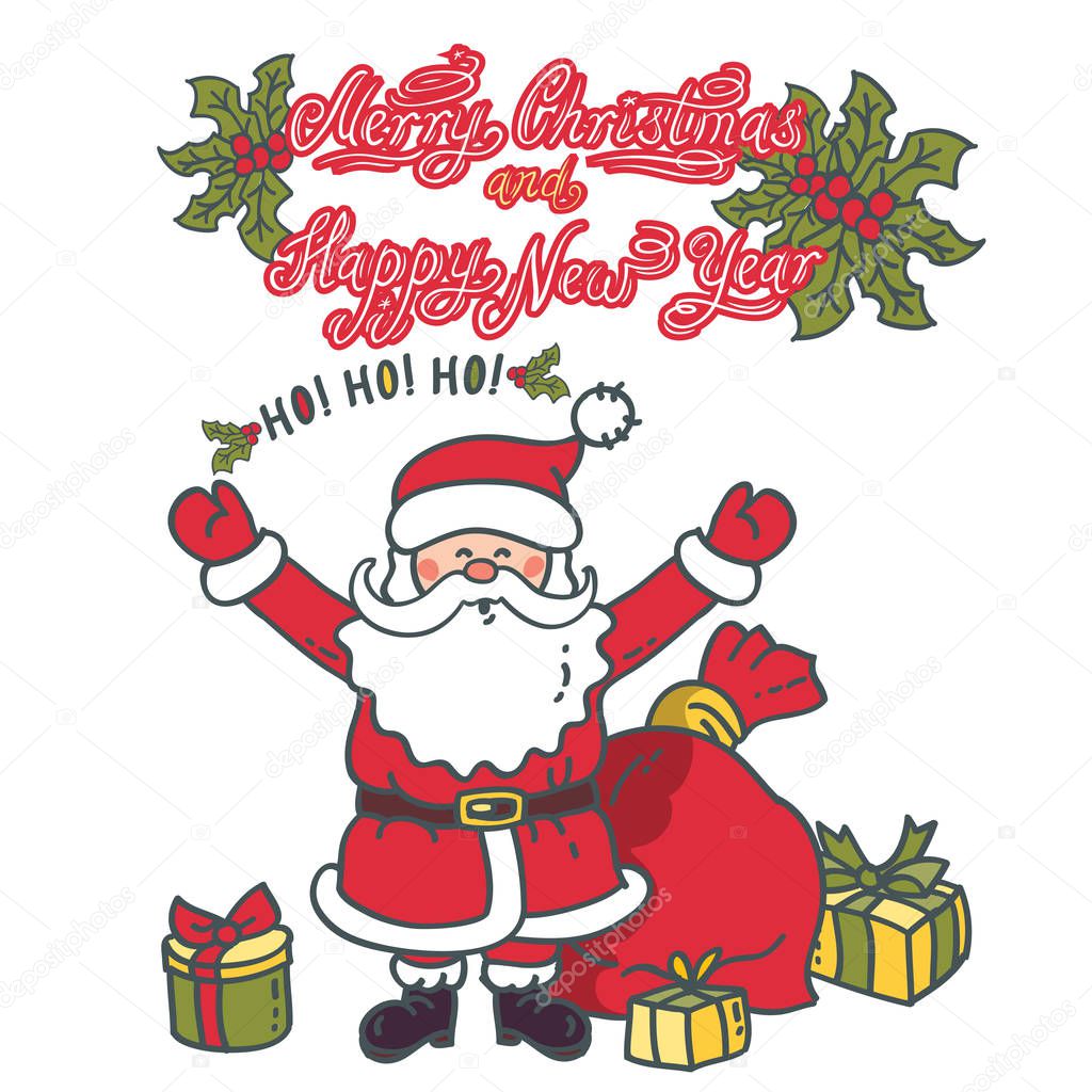 Santa Claus with his hands raised in greeting. Illustration greeting card with text: 