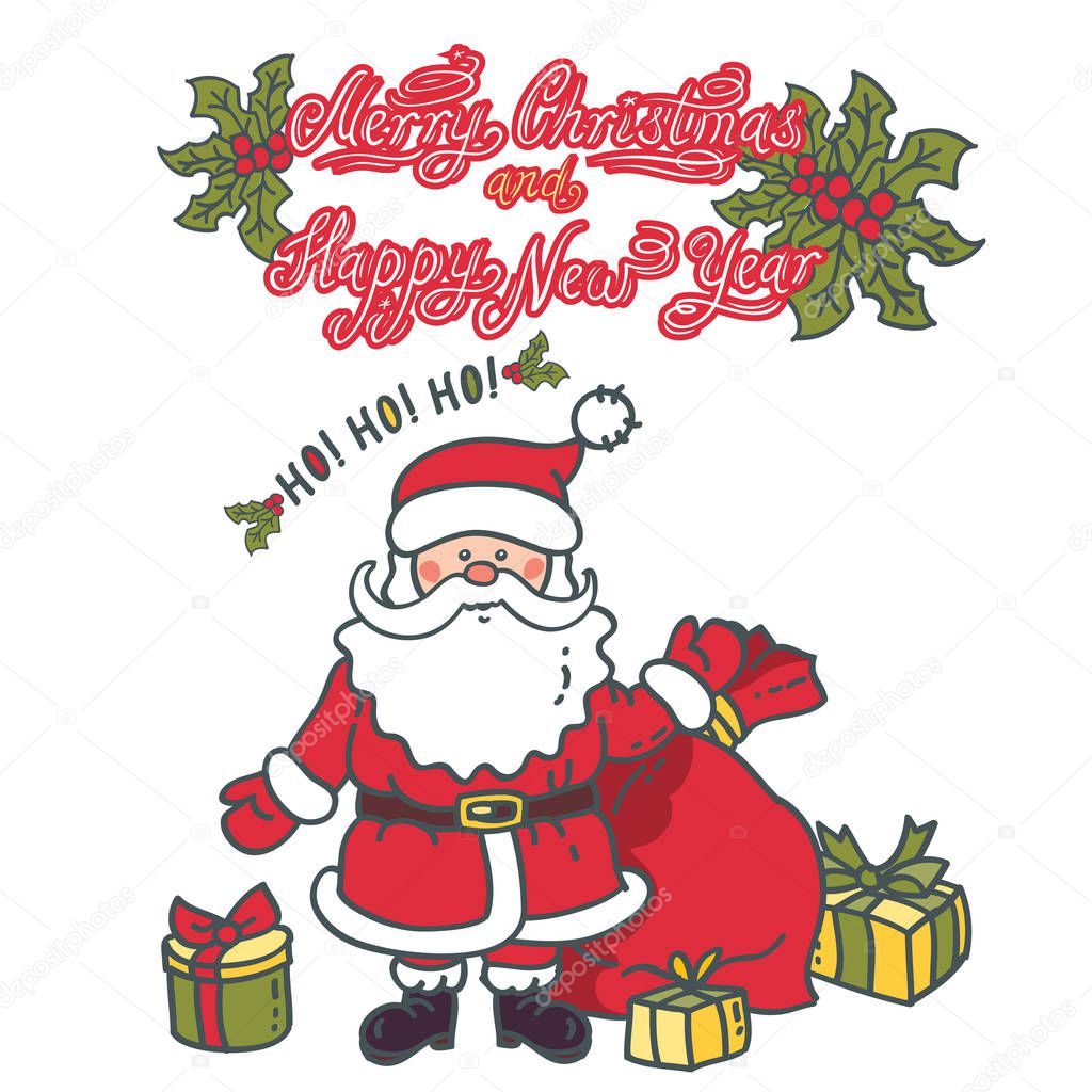 Santa Claus with gifts. Illustration greeting card with text: 