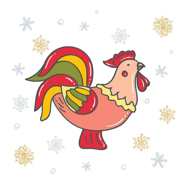 Gallo Decorativo Brillante Con Copos Nieve Símbolo Año Nuevo Chino — Vector de stock