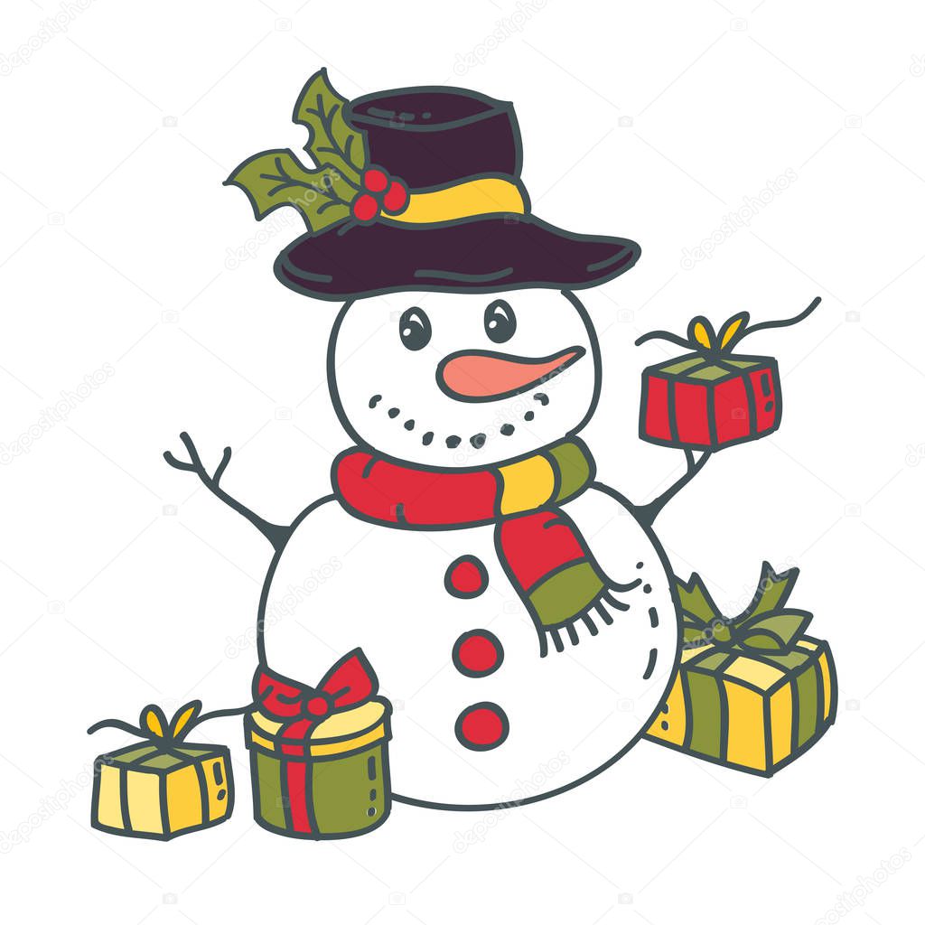 Snowman with gifts vector illustration on white background. Elements for Christmas and New year design