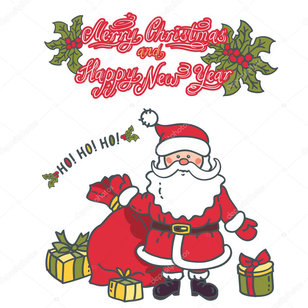 Santa Claus with bag and gifts. Illustration greeting card with text: 