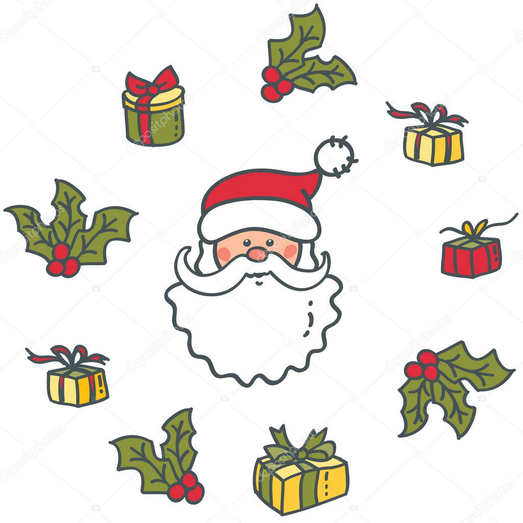 Head of Santa Claus and gifts. Elements for Christmas and New year design