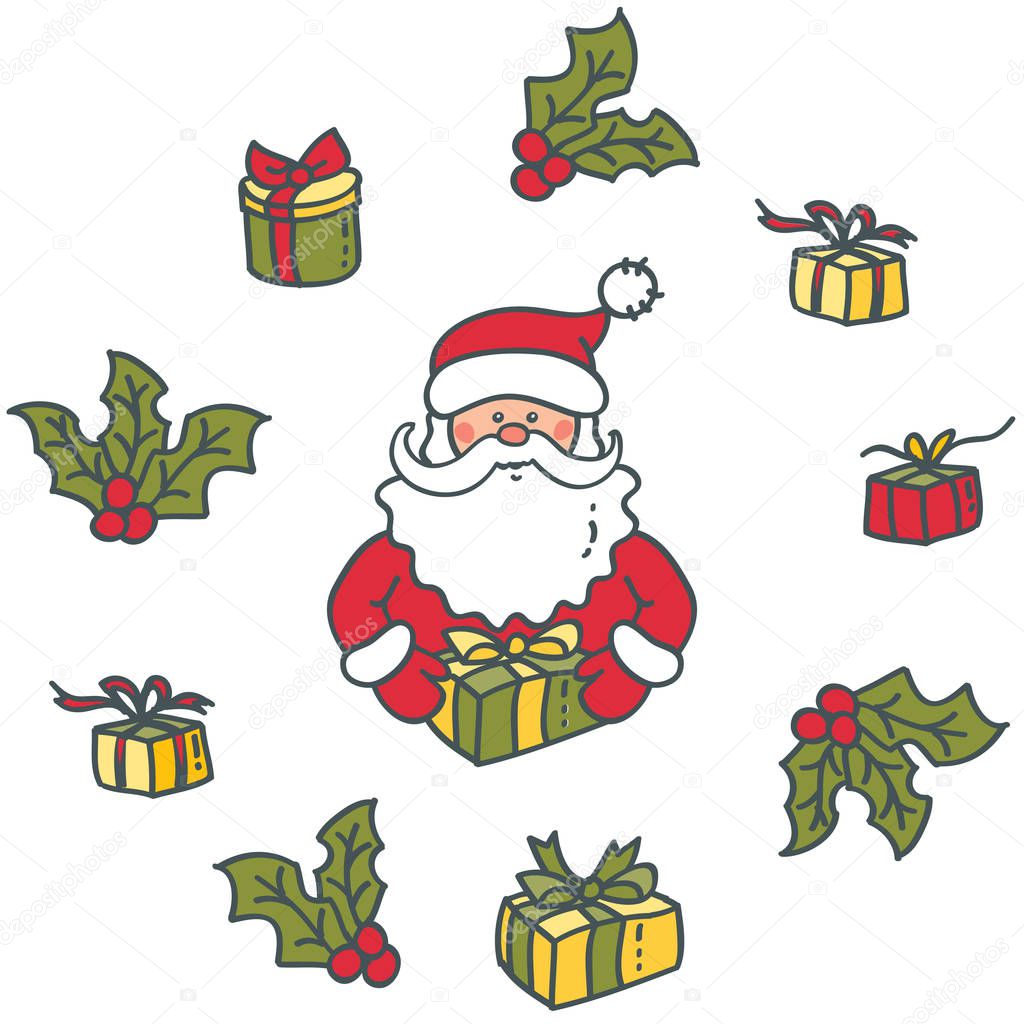Portrait of Santa Claus and gifts. Elements for Christmas and New year design