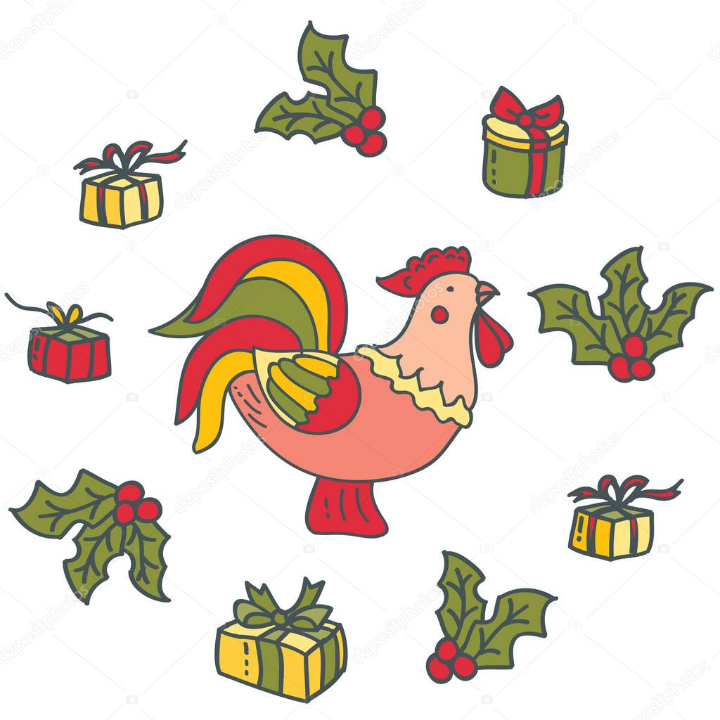 Bright decorative rooster with gifts