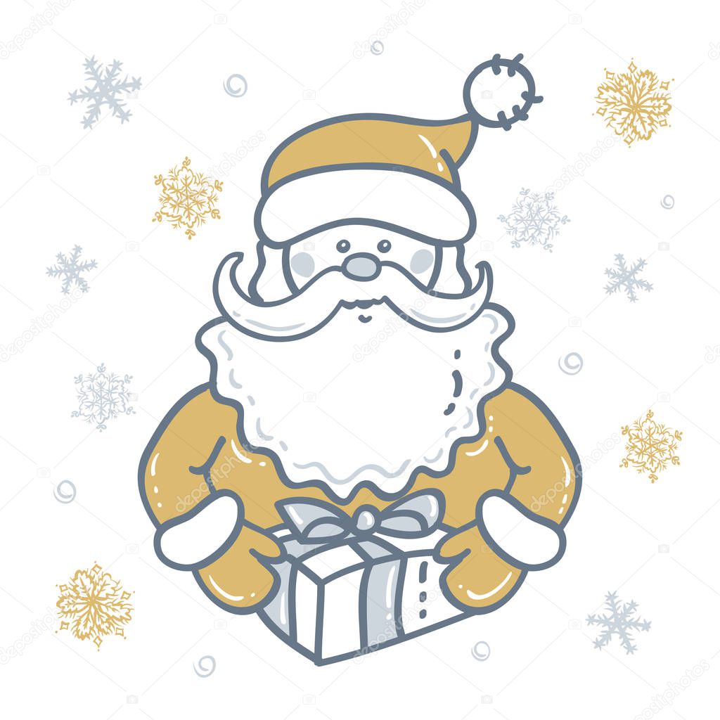Portrait of Santa Claus with gift the background of snowflakes in gold - silver tones. Elements for Christmas design