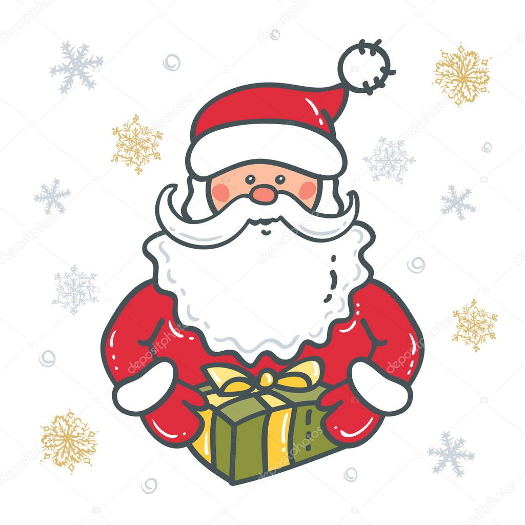 Portrait of Santa Claus with gift the background of snowflakes. Elements for Christmas design