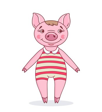 Küçük bir domuz yavrusu çizgili tayt giymiş bir karikatür tarzı. Stil vektör tasarım çizimler el çekilmiş
