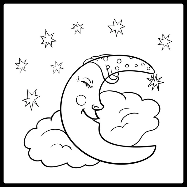 一个图形轮廓 月亮睡在云朵上 夜空中的星星 向量例证可爱的动画片月亮 — 图库矢量图片