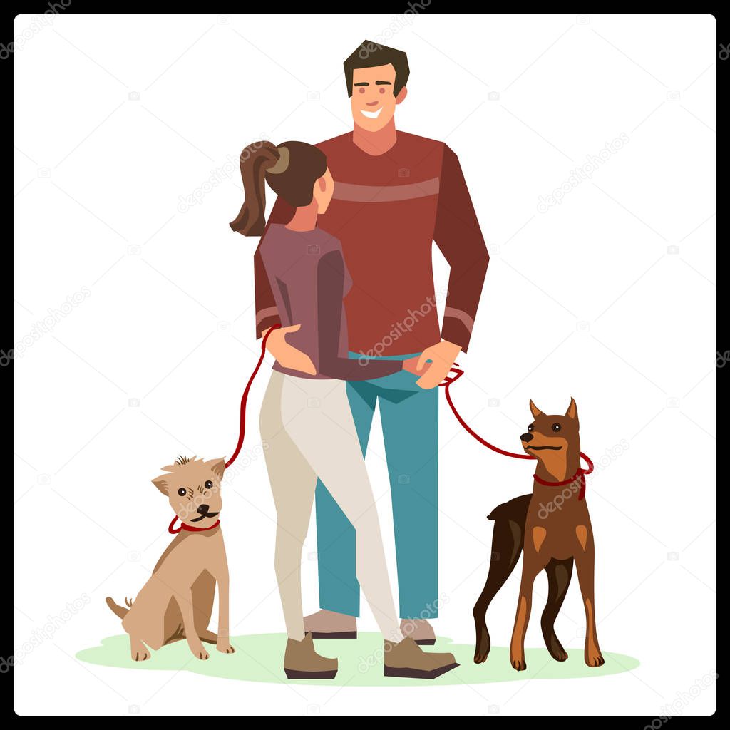 Young people (guy and girl talking) stood in a friendly hug while walking their dogs. Illustration isolated on white background