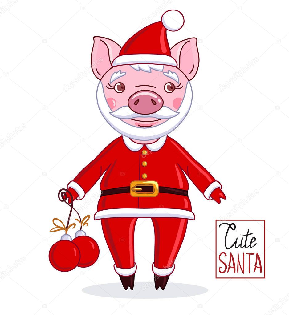 Cartoon character piglet in the role of Santa Claus in a red hat with a beard and mustache, which holds in his hands Christmas balls. Christmas and New Year illustration isolated on a white background with the inscription 