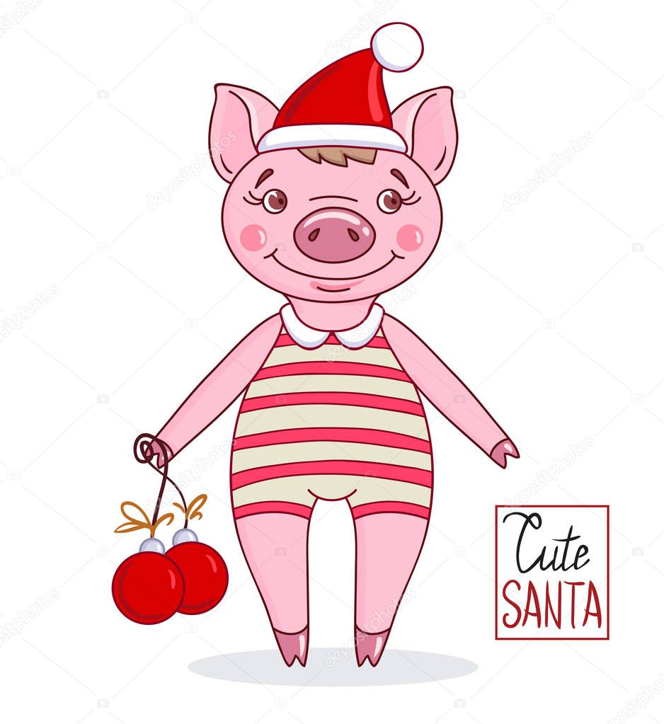 Little cute pig in a cartoon style wearing a Santa Claus hat and striped leotard with Christmas balls. Hand drawn style vector design illustrations