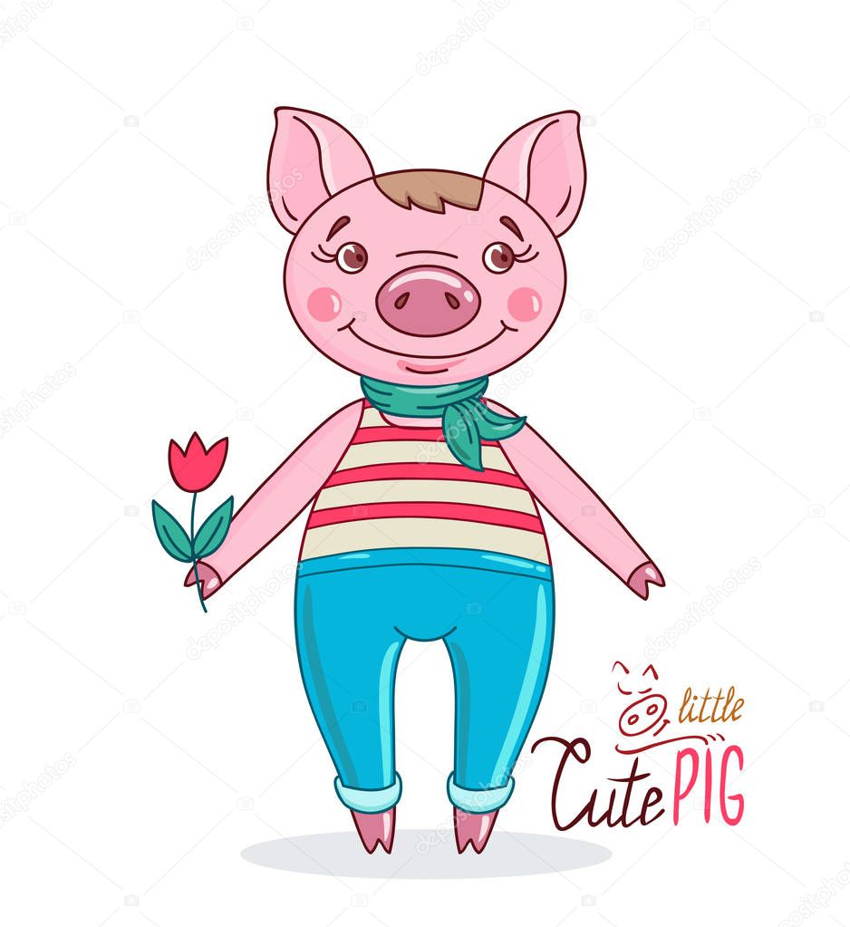Pig in a cartoon style holding a tulip in his hand. Hand drawn style vector design for greeting card