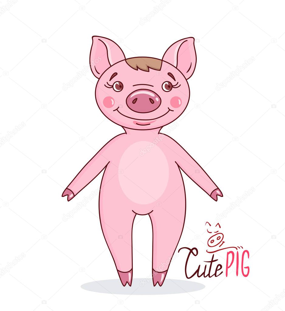 Pig in cartoon style. Hand drawn style vector design for illustration