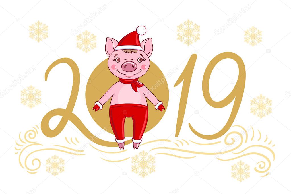 Piglet in a festive cap and fur mittens. Against the background of the text of 2019 and snowflakes. Hand drawn style vector design illustration