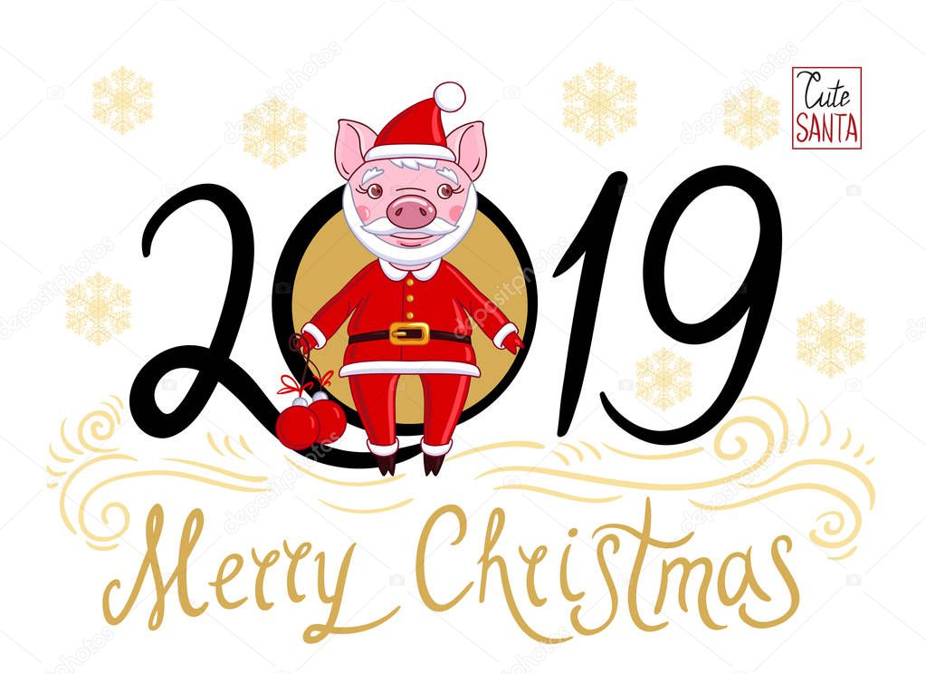 Piglet in the role of Santa Claus in a festive attire, which holds in his hand Christmas balls. On a white background text 2019 and snowflakes with the inscription Merry Christmas