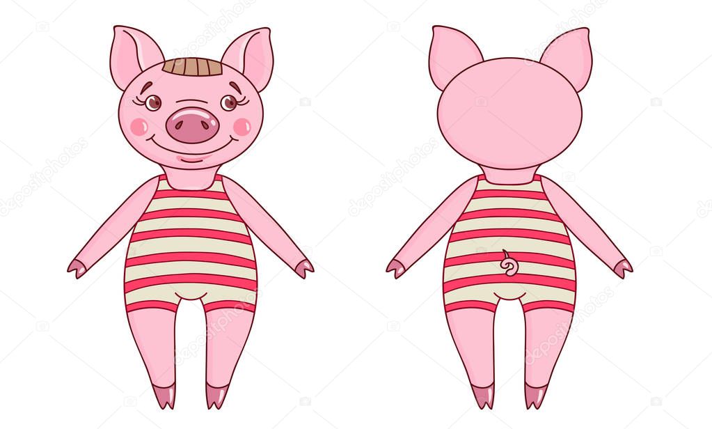 Pig wearing a leotard in a cartoon style. Front and back view. Hand drawn style vector design for illustration