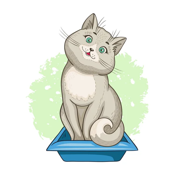 Gato Que Sienta Una Bandeja Arena Ilustraciones Diseño Vectorial Estilo — Vector de stock