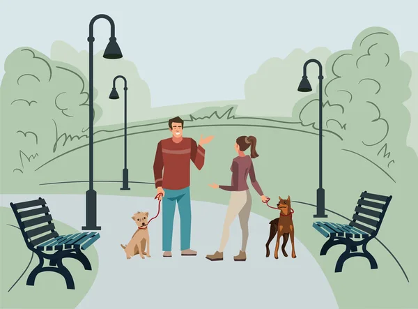 Young people, man and woman, walk in the park with their dogs in the morning. Vector illustration of people with pets in the street